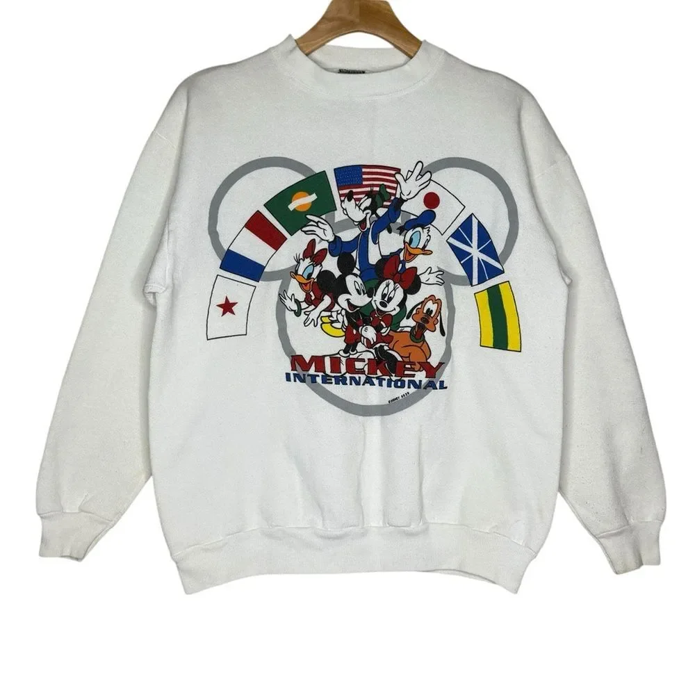 Disney Epcot White Mickey International Flags Jerry Leigh Sweatshirt Men’s Sz M - Picture 1 of 4